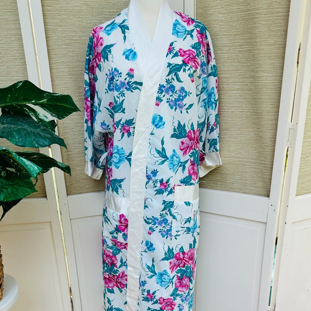 Vintage 1980s Adonna Floral Maxi Robe Cotton Satin Trim Cottagecore M